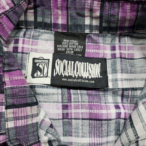 Social Collision Long Sleeve Button Up Plaid Shirt Purple Black Gray Men Sz L - Picture 3 of 10
